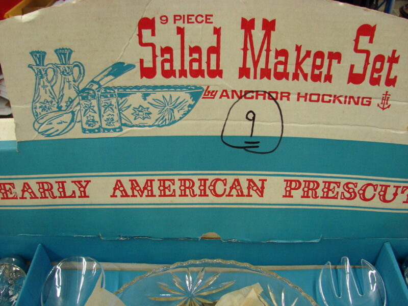 Vintage Anchor Hocking 9 Pc Salad Set New in Box Early American Prescut, Moose-R-Us.Com Log Cabin Decor