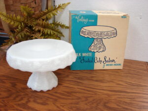 Vintage Anchor Hocking Milk Glass Grape Footed Pedestal Cake Stand NIB