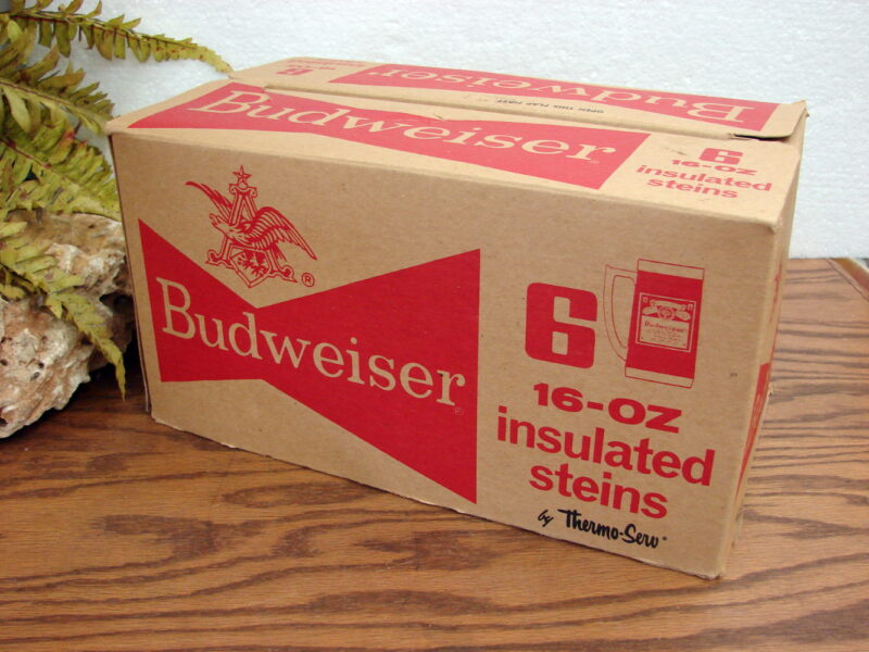 Set/6 Vintage NOS Thermo-Serv West Bend Budweiser Insulated Beer Steins NIB, Moose-R-Us.Com Log Cabin Decor