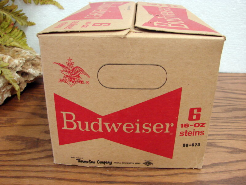 Set/6 Vintage NOS Thermo-Serv West Bend Budweiser Insulated Beer Steins NIB, Moose-R-Us.Com Log Cabin Decor