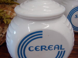 Vintage Anchor Hocking Milk Glass Vitrock Blue Circle Cereal Canister w/ Lid