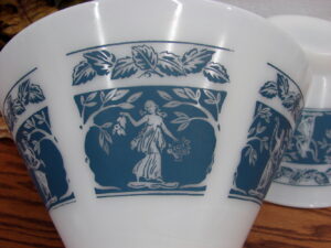 Vintage Hazel Atlas Wedgewood Blue Milk Glass Greek Panel Serving Bowl