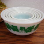 Vintage Hazel Atlas Green Ivy Milk Glass Mixing Nesting Bowl Set/5 - Image 2
