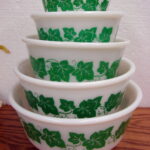 Vintage Hazel Atlas Green Ivy Milk Glass Mixing Nesting Bowl Set/5