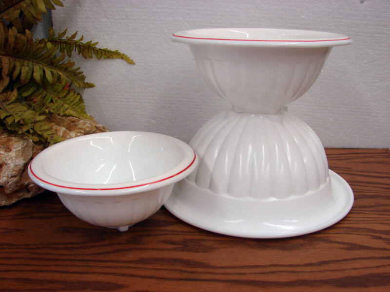 Vintage Federal Hazel Atlas Milk Glass Red Rolled Rim Square Bottom Mixing Bowl Nest, Moose-R-Us.Com Log Cabin Decor