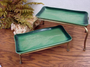 Vintage Kay Wayne Stoneware Pottery Tray on Iron Stands Pine Needle Serving Trays