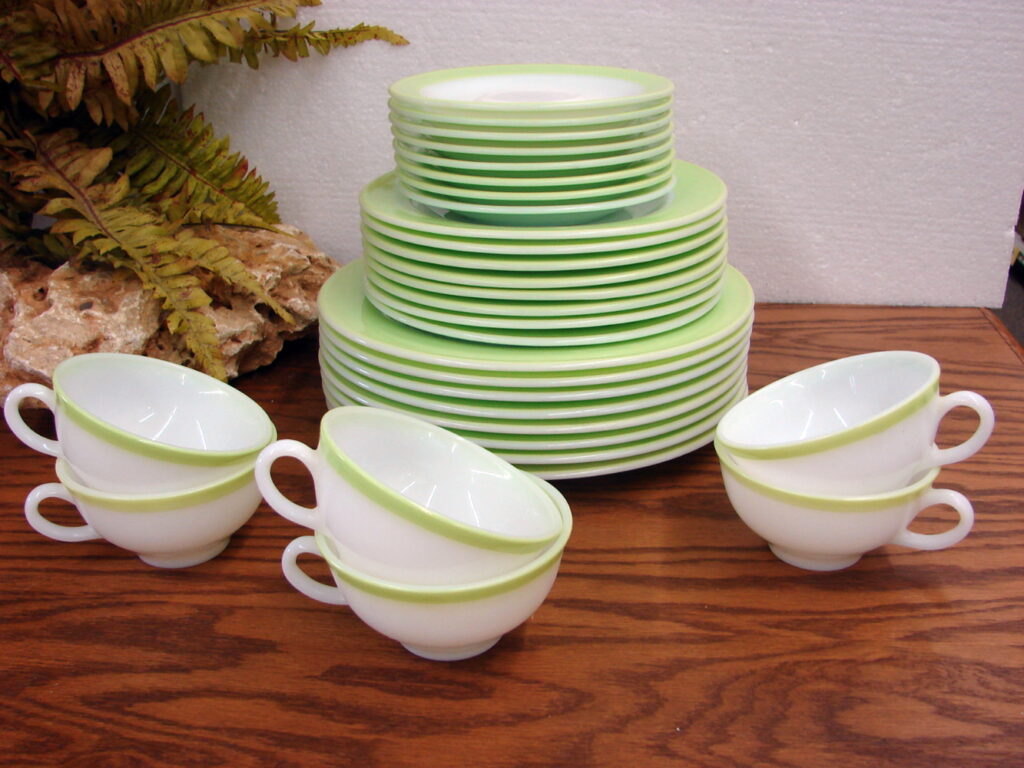 Vintage PYREX Lime Green Band Dinnerware Cups Plates Log Cabin Decor