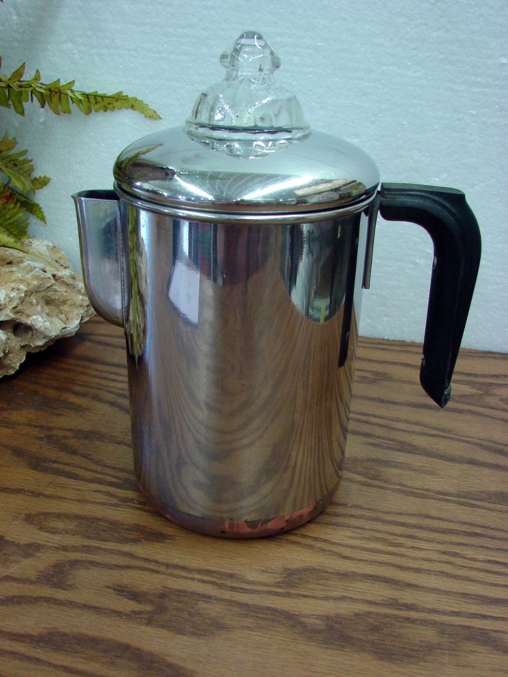 Vintage Copper Bottom Revere Ware 6 Cup Percolator Coffee Pot Maker Fire King Glass Knob
