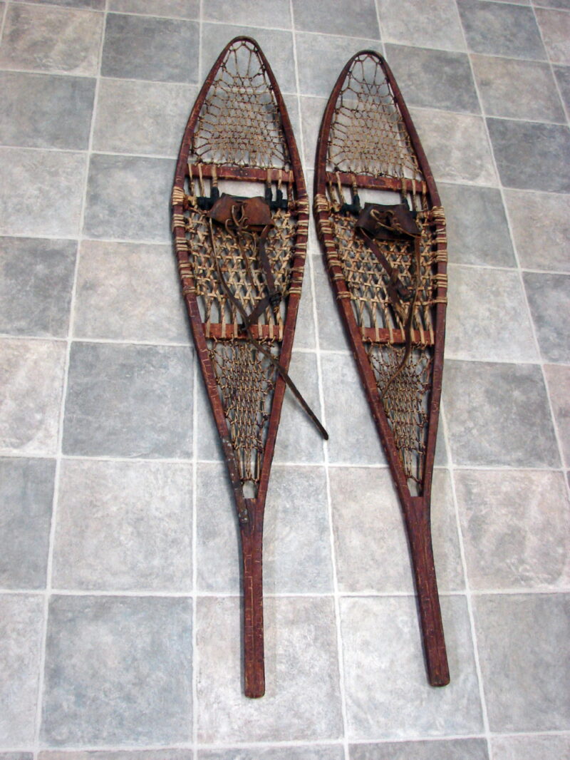 Vintage 59&#8243; Wood Rawhide Sinew Lund Snow Shoes Bindings Cabin Snowshoe Decor, Moose-R-Us.Com Log Cabin Decor