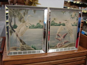 Vintage Mid Century Modern Pair Turner Egret Mirrored Wall Picture Prints
