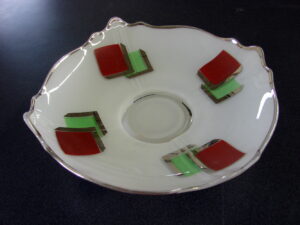 Vintage Art Deco Reverse Painted Glass Silver Trim Console Bowl White Red Mint