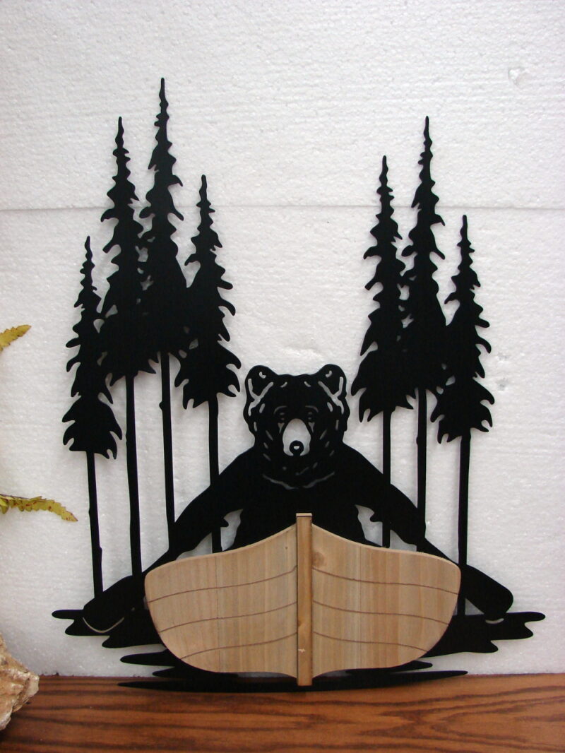Laser Cut Iron Metal Wood Silhouette Bear Paddling Boat Large Wall Decor, Moose-R-Us.Com Log Cabin Decor