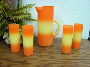 Vintage MCM Blendo West VA Bermuda Twist Candy Corn Pitcher Glass Set
