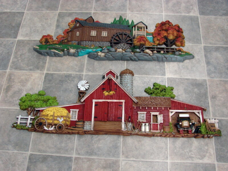 Vintage 1980 Burwood Products 3-D Wall Hanging Water Wheel Mill Autumn Trees, Moose-R-Us.Com Log Cabin Decor