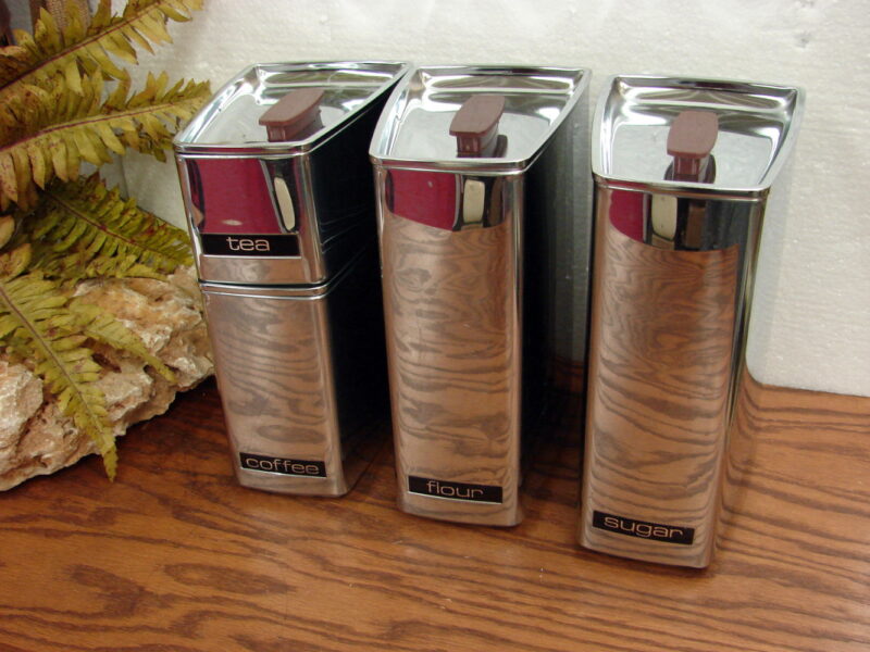 Vintage 4 pc Canister Set Lincoln Beautyware Chrome MCM Retro Stacking, Moose-R-Us.Com Log Cabin Decor