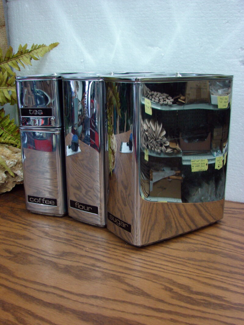 Vintage 4 pc Canister Set Lincoln Beautyware Chrome MCM Retro Stacking, Moose-R-Us.Com Log Cabin Decor
