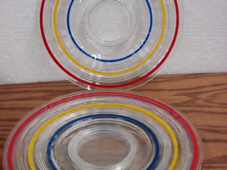 Vintage Anchor Hocking Banded Rings Primary Color Luncheon Plates Set/4