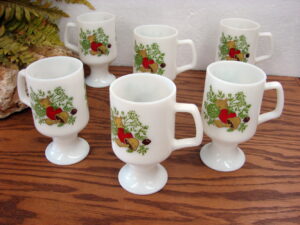 Set/6 Vintage Corning Ware Spice of Life Milk Glass Pedestal Irish Coffee Mugs