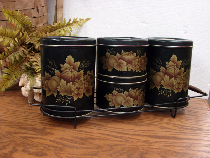 Vintage 5 pc Canister Set Decoware Black Gold Autumn Pumpkin Gourds Leaves w/ Tray, Moose-R-Us.Com Log Cabin Decor
