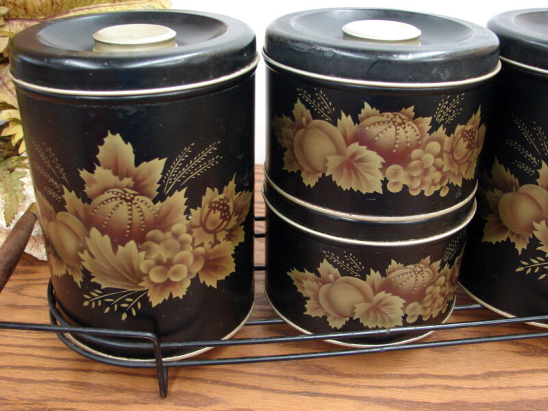 Vintage 5 pc Canister Set Decoware Black Gold Autumn Pumpkin Gourds Leaves w/ Tray, Moose-R-Us.Com Log Cabin Decor