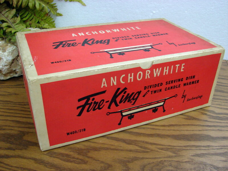 Vintage Fire King Anchor White Divided Serving Dish Double Candle Warmer Cradle Box, Moose-R-Us.Com Log Cabin Decor
