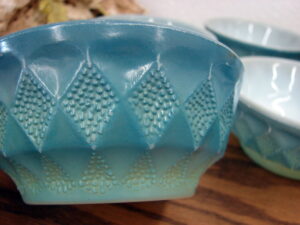 Set/6 Vintage Fire King Blue Milk Glass Kimberly Diamond Berry Bowls