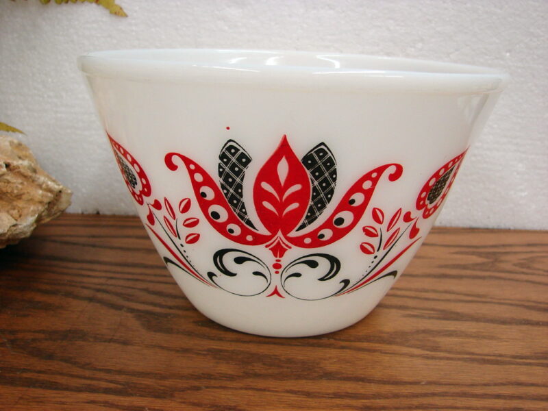 Vintage Fire King Milk Glass Red Black Modern Tulip 8 1/2&#8243; Tapered Mixing Bowl, Moose-R-Us.Com Antiques Collectibles Log Cabin Decor