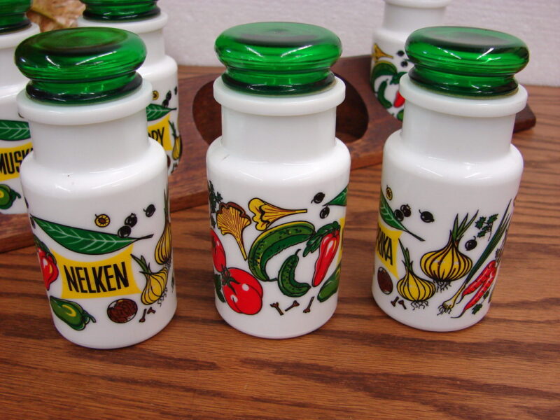 Vintage German Milk Glass Spice Rack Tray Complete Fruits Vegetables Wood Holder, Moose-R-Us.Com Log Cabin Decor