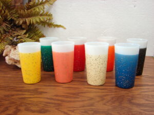 8 Vintage Glamalite MCM Atomic Glitter Fire King Milk Glass Glasses Set