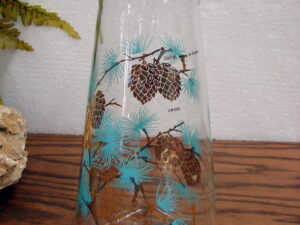 Vintage MCM Libbey Turquoise Pine Needles Gold Pinecone Glass Carafe 32 Oz