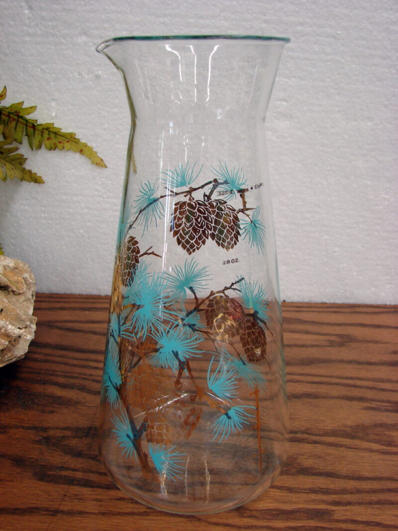 Vintage MCM Libbey Turquoise Pine Needles Gold Pinecone Glass Carafe 32 Oz, Moose-R-Us.Com Antiques Collectibles Log Cabin Decor