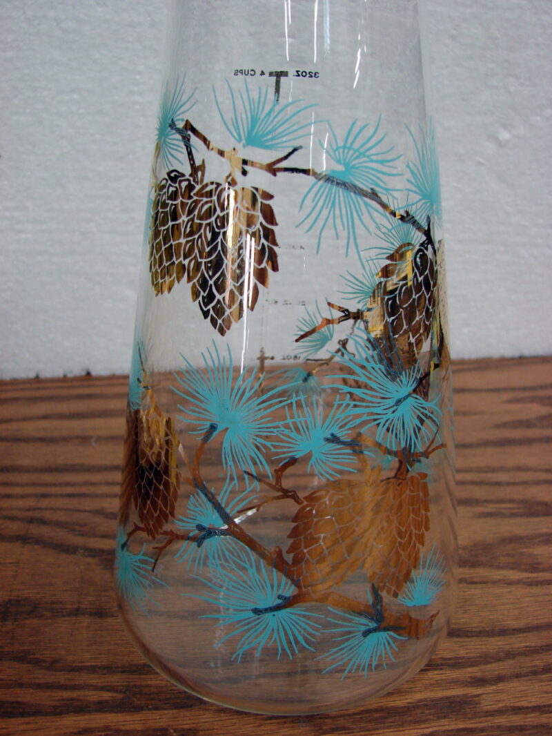 Vintage MCM Libbey Turquoise Pine Needles Gold Pinecone Glass Carafe 32 Oz, Moose-R-Us.Com Antiques Collectibles Log Cabin Decor
