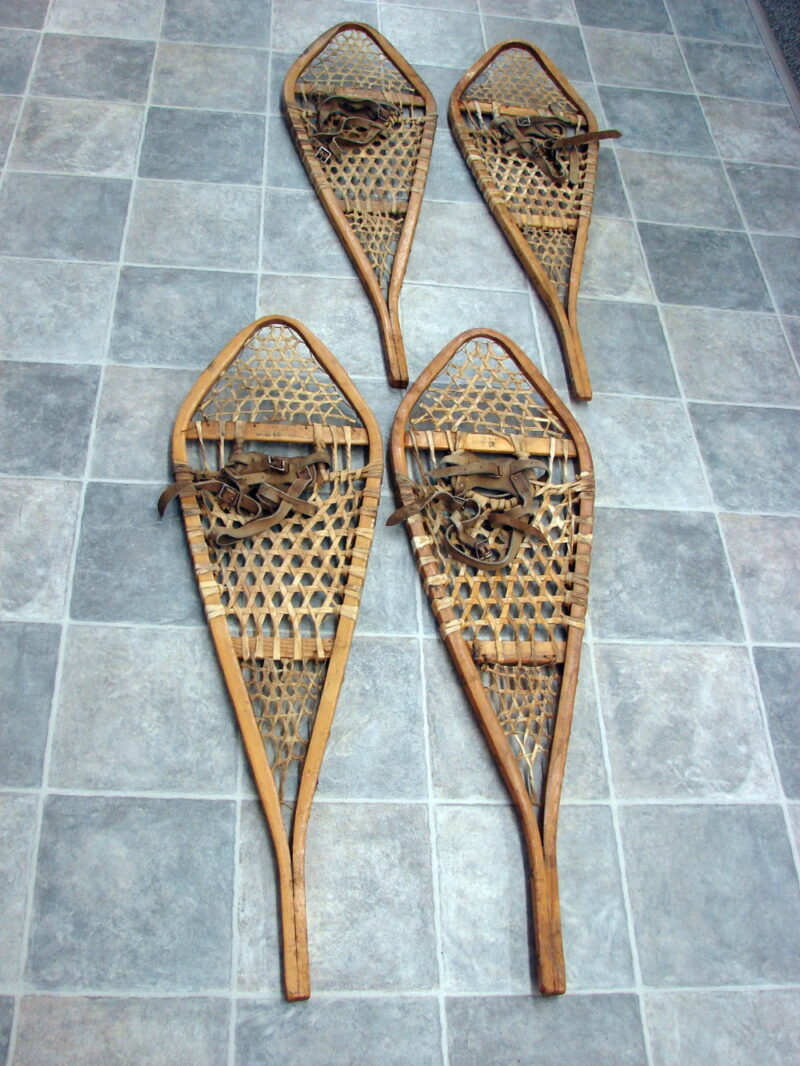 Vintage Two Pair Rawhide Wood Gros Louis Snow Shoe Maine Huron Snowshoes, Moose-R-Us.Com Log Cabin Decor