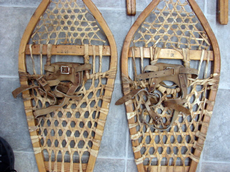 Vintage Two Pair Rawhide Wood Gros Louis Snow Shoe Maine Huron Snowshoes, Moose-R-Us.Com Log Cabin Decor