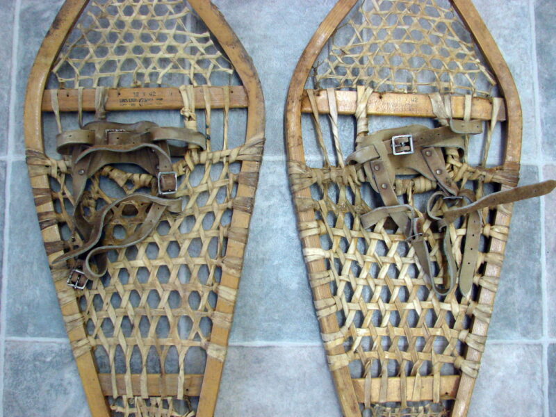 Vintage Two Pair Rawhide Wood Gros Louis Snow Shoe Maine Huron Snowshoes, Moose-R-Us.Com Log Cabin Decor