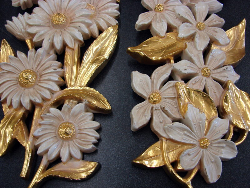 Vintage 1974 Homco Syroco Dogwood Apple Flower Wall Hanging Gold Cream Set/4, Moose-R-Us.Com Log Cabin Decor