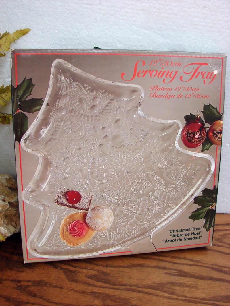 Vintage Indiana Glass Clear Pressed Christmas Tree Serving Tray #1547 New in Box, Moose-R-Us.Com Log Cabin Decor