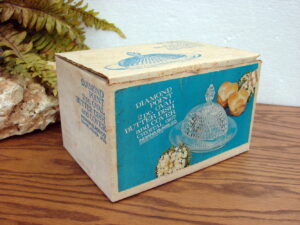 Vintage Indiana Glass Diamond Point 2 Piece Oval Butter Dish with Cover NIB