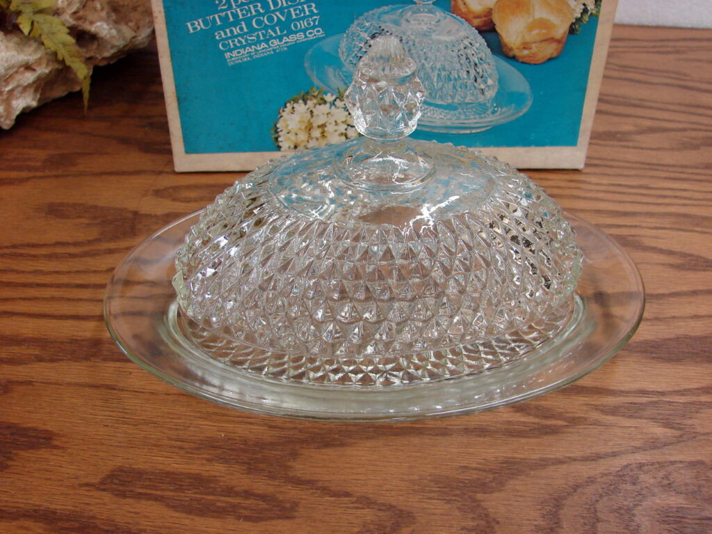 Vintage Indiana Glass Diamond Point 2 Piece Oval Butter Dish with Cover