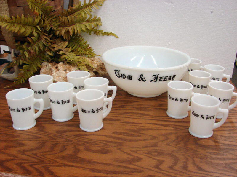 Vintage McKee Tom Jerry Eggnog Punch Bowl Milk Glass Red or Black, Moose-R-Us.Com Antiques Collectibles Log Cabin Decor