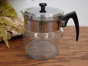 Vintage PYREX 6 Cup Coffee Server Flameware Chrome Glass MCM Black Knob #8859