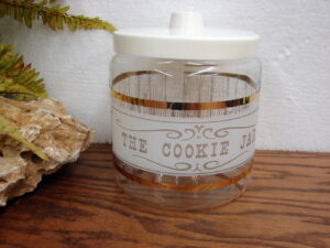 Set/2 Vintage PYREX Glass The Cookie Jar Cracker Barrel Gold Trim w/ Lid