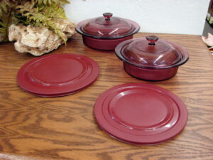 Vintage PYREX Glass Visions Cranberry 24 Oz and 1 Qt Ribbed Round Casserole w/ 4 Matching Glass and Storage Lids