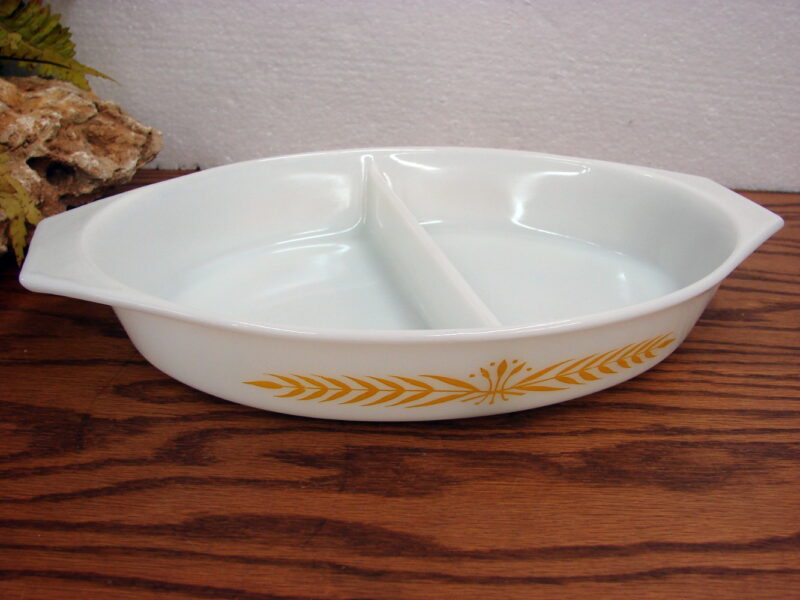 Vintage PYREX Royal Wheat Divided Vegetable Serving Dish 1 1/2 Quart, Moose-R-Us.Com Log Cabin Decor