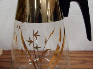 Vintage PYREX Gold Trim MCM Carafe Decanter Pitcher w/ Fancy Lid Bell Flowers