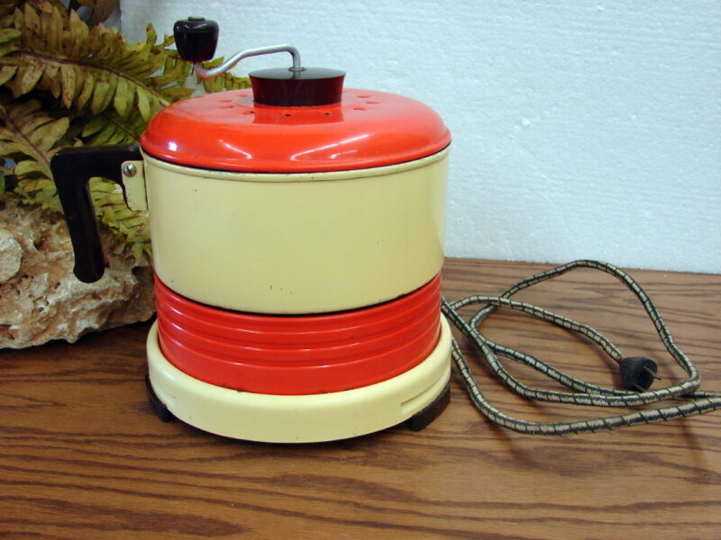 Vintage Orange Yellow Metal Rotary Electric Popcorn Popper w/ Burner