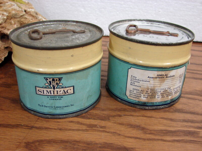 Vintage 930&#8217;s Metal Similac Tin Cans w/ Keys Set/2 New Old Stock Baby Decor, Moose-R-Us.Com Log Cabin Decor