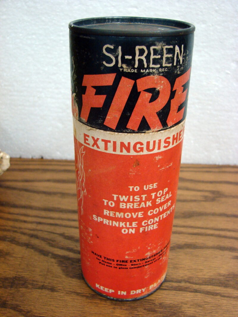 Antique Si-Reen Dry Chemical Powder Fire Extinguisher Cardboard Can, Moose-R-Us.Com Log Cabin Decor