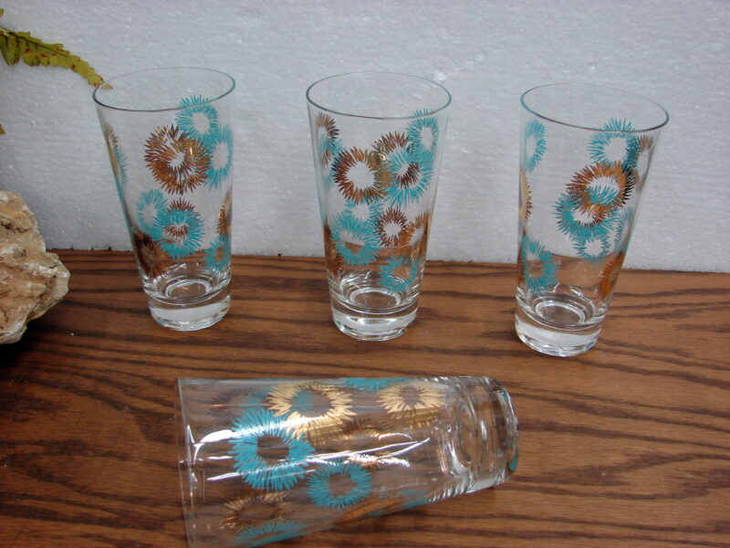 4 Vintage MCM Turquoise Gold Burst Atomic Starburst Drinking Glass Tumbler Glasses, Moose-R-Us.Com Log Cabin Decor