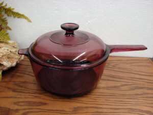 Vintage PYREX Glass Visions Cranberry Non Stick 2.5 Liter Sauce Pan w/ PYREX Glass Lid